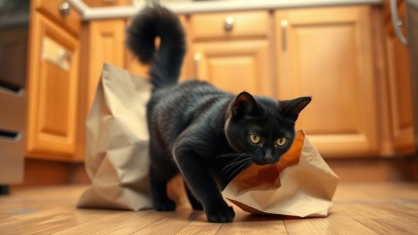 Mischievous black cat exploring a paper bag in the kitchen.