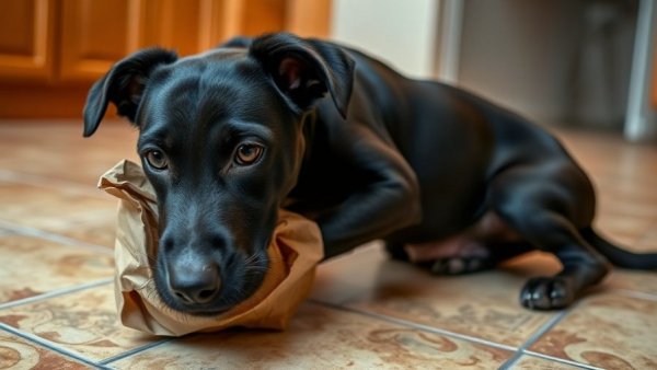 Funny dog moment: Black dog explores a paper bag in the kitchen.