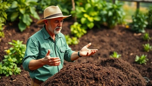 Man discussing why compost disappears in soil, vibrant garden setting