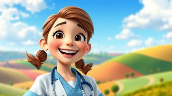 Animated vet girl smiling in vibrant cartoon setting.