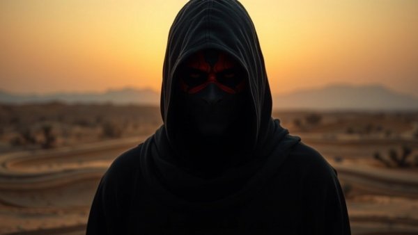 Mysterious hooded character with bold text, capturing branding essence.