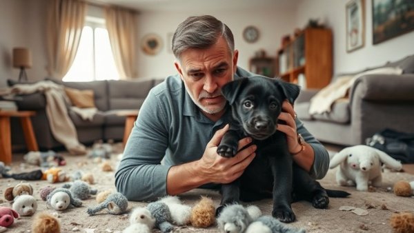 Stop Puppy Destruction scene with playful puppy amidst mess.