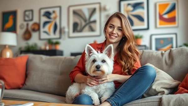 Casual young woman and Westie dog sitting in a vibrant, modern living room.