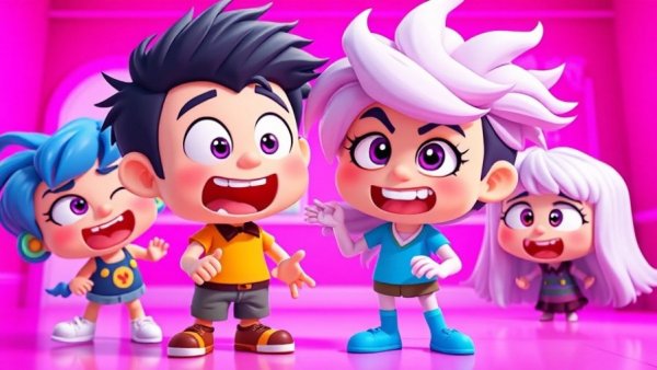 Hilarious pixelated cartoon pets in a pink room, playful interaction.