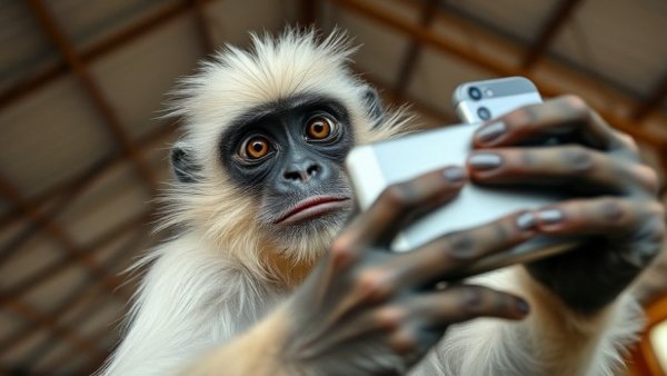 Curious monkey snatches phone for a selfie in brightly lit room.