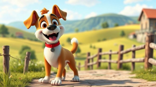 Funny pet cartoons featuring a playful 3D dog in a colorful setting.
