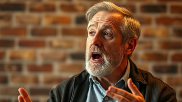 Middle-aged man energetically speaking in front of a brick wall.