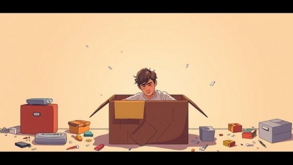 Minimalistic illustration highlighting poverty in a cardboard box.