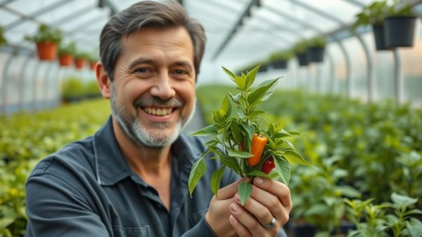 Smiling person with pepper plant seedling in greenhouse, when to plant peppers.