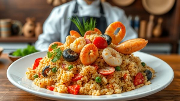 Healthy dining Ohio menu featuring a seafood rice dish.