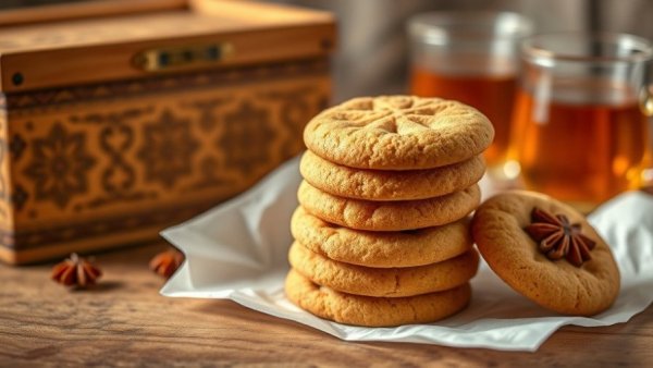 Stack of Lebanese anise cookies with tea in a cozy setting.