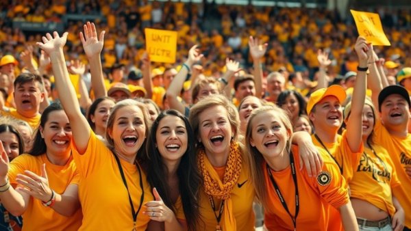 Cheerful group of fans celebrating at a stadium in bright yellow outfits.
