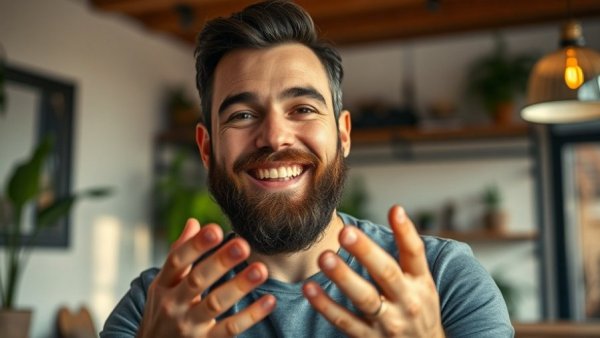 Bearded man indoors gesturing slightly in cozy setting.