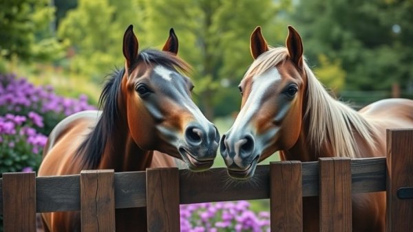 Funny animal interactions featuring two horses communicating over a fence.