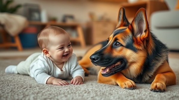 Baby and German Shepherd bonding on carpet, highlighting pets in family.