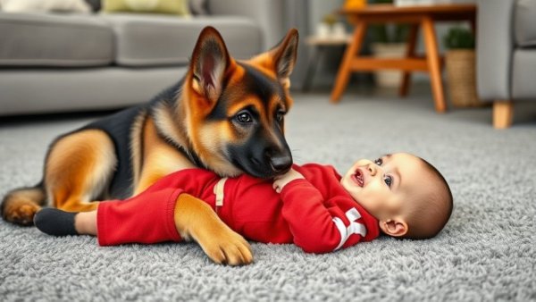 German Shepherd puppy and baby on carpet demonstrating baby care.