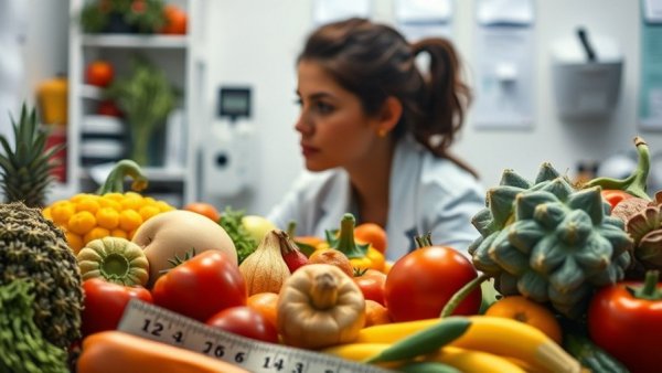 Fruits and vegetables with measuring tape near doctor, food moderation and health concept.
