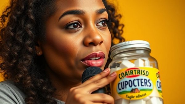 Woman discussing nutrition during pregnancy with sugar cubes backdrop.