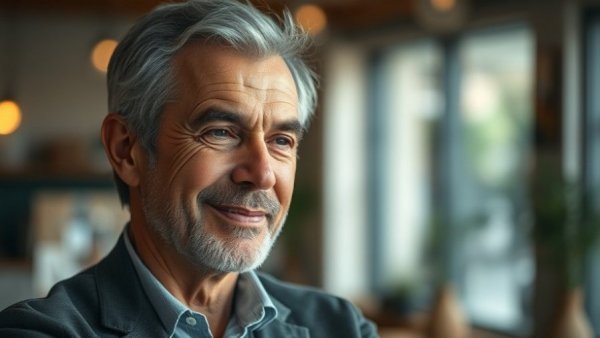 Middle-aged man smiling in conversation indoors, senior citizens.