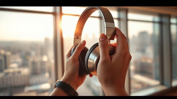 Modern design headphones held by hands with city view. AirPods Max 2.