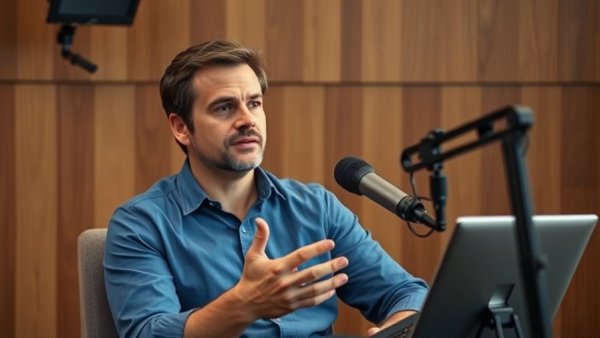 Man in blue shirt discussing technology in studio.
