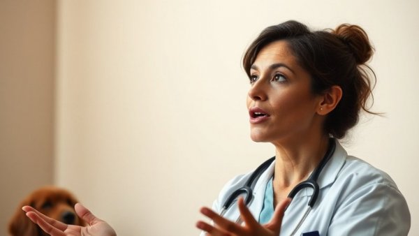 Veterinarian discussing pet spine health with enthusiasm indoors.