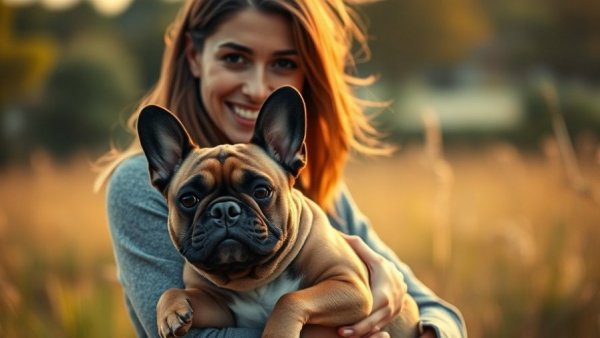Pet Lovers Tips: Woman and French Bulldog at sunset.