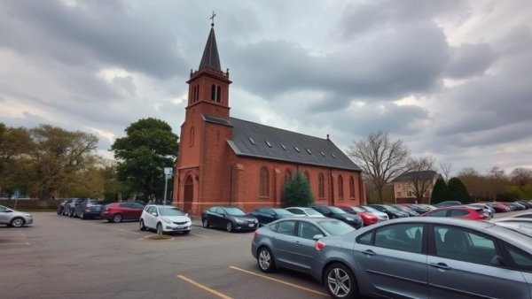 Historical brick church with a busy parking lot, symbolizing a life well lived.