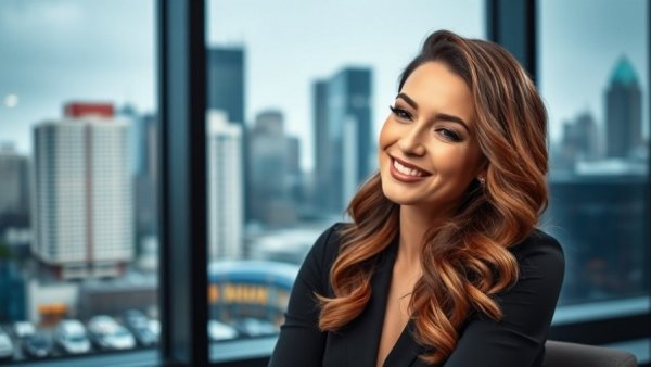 Sophisticated woman in TV studio with urban backdrop.