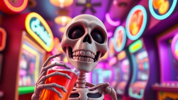 Skeleton animation video thumbnail with a skeleton drinking soda.