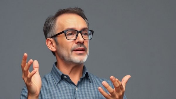 Mature man explaining a concept with gestures, soft lighting.