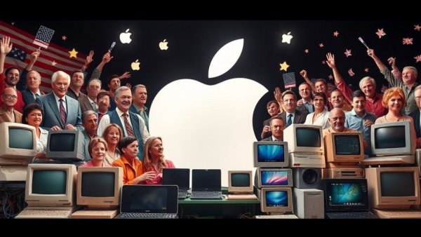 Collage celebrating 50 years of Apple with iconic leaders and products.