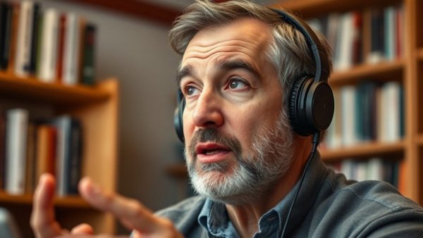 Middle-aged man discussing AI security in podcast setting