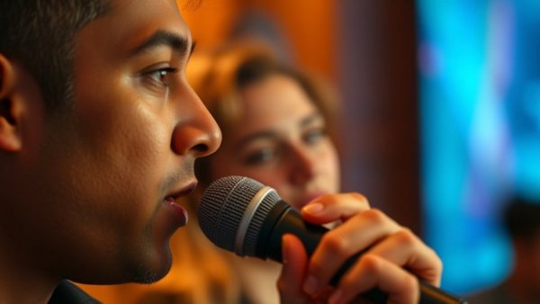 AI SEO expert talking into a microphone, warm indoor setting.