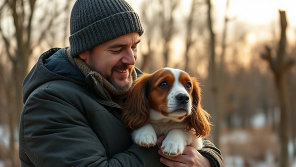 Choosing the Right Spaniel: Man affectionately holds spaniel outdoors.
