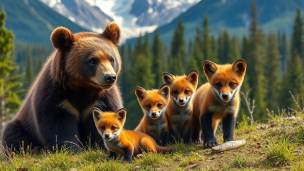 Charming bear cub and fox kits in nature, celebrating Earth Month.
