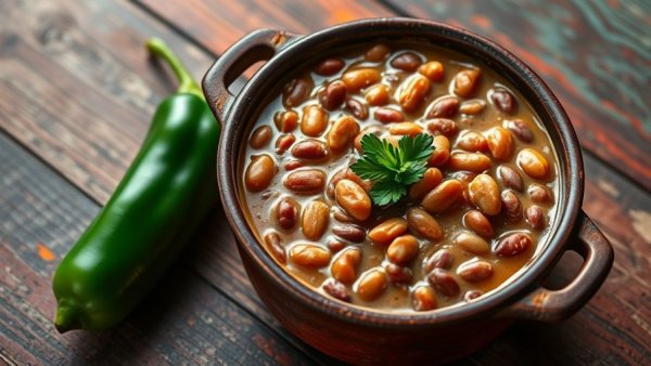 Oil-free refried beans in a rustic pot on a colorful table.