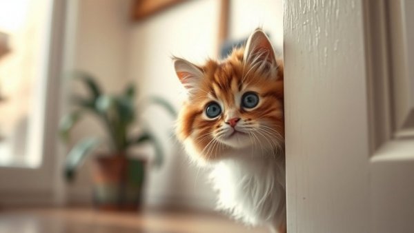 Fluffy cat displaying attention-seeking behavior through doorway.