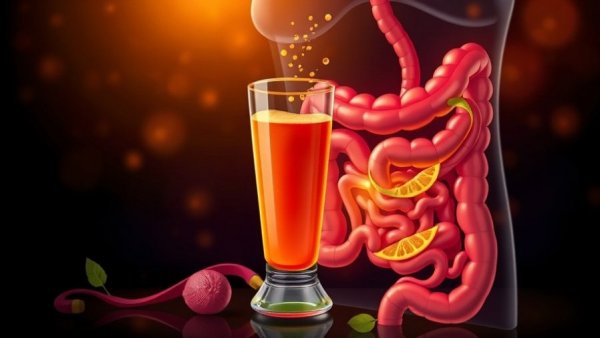 Vibrant illustration showing digestive health transformation with juice in center.
