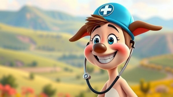 Funny pet cartoons featuring a cheerful animated vet in a colorful landscape.