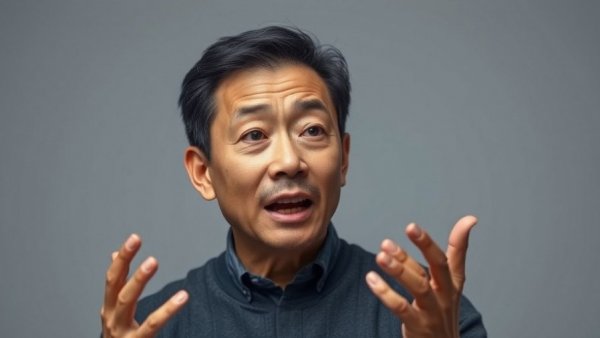 Expressive mid-aged Asian male discussing passionately on camera.