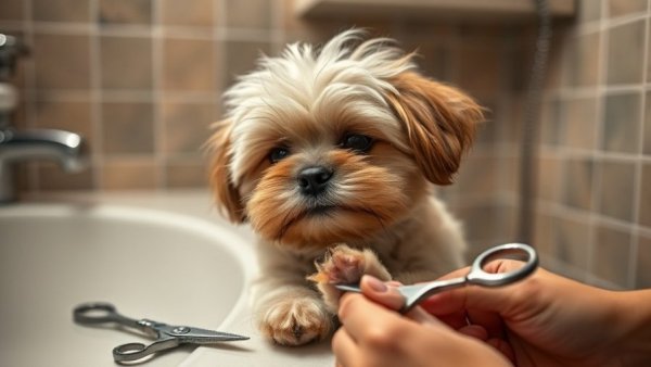 Small fluffy dog nail trimming in a tiled bathroom; dog grooming tips.