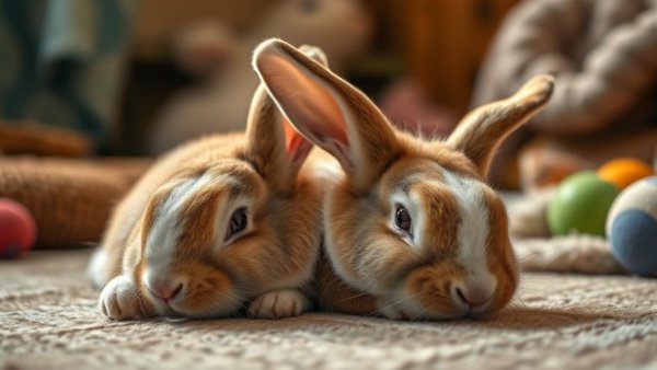 Exhausted rabbit in indoor pet area showing pet behavior problems.