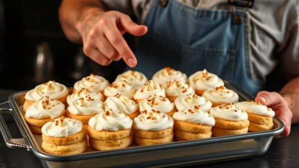 Creamy banana pudding with biscuits next to a man in a denim apron.