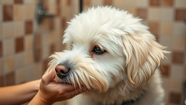 Fluffy white dog being groomed, showcasing dog grooming tips.