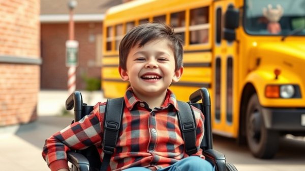 Children Health importance: Joyful young boy in wheelchair outside school smiling.