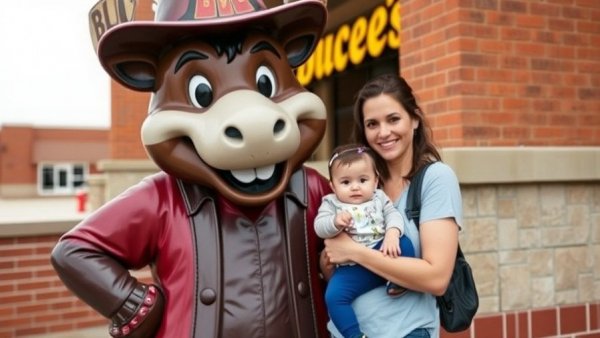 Woman and child at Buc-ee's Dayton opening beside mascot statue.