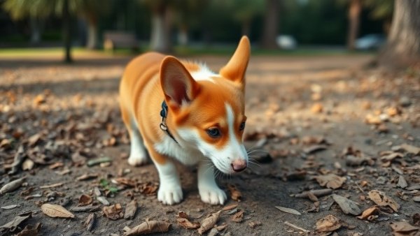 Playful Corgi on a leash focusing on the ground, highlighting pet behavior problems.