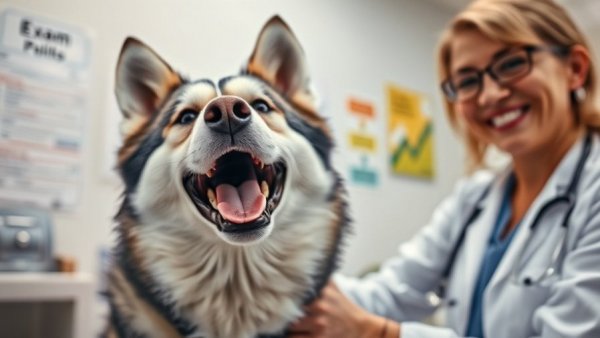 Emotional dogs at the vet: husky and smiling vet.