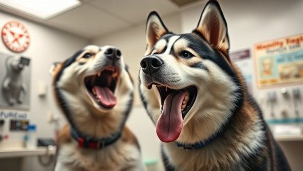 Funny Siberian Husky and veterinarian at clinic for pet funniest videos.